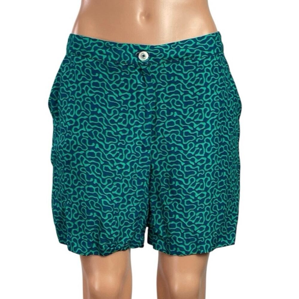 Lisa Corti Monoprix Women Green Linen Geometric High Rise Bermuda Shorts Size 38
